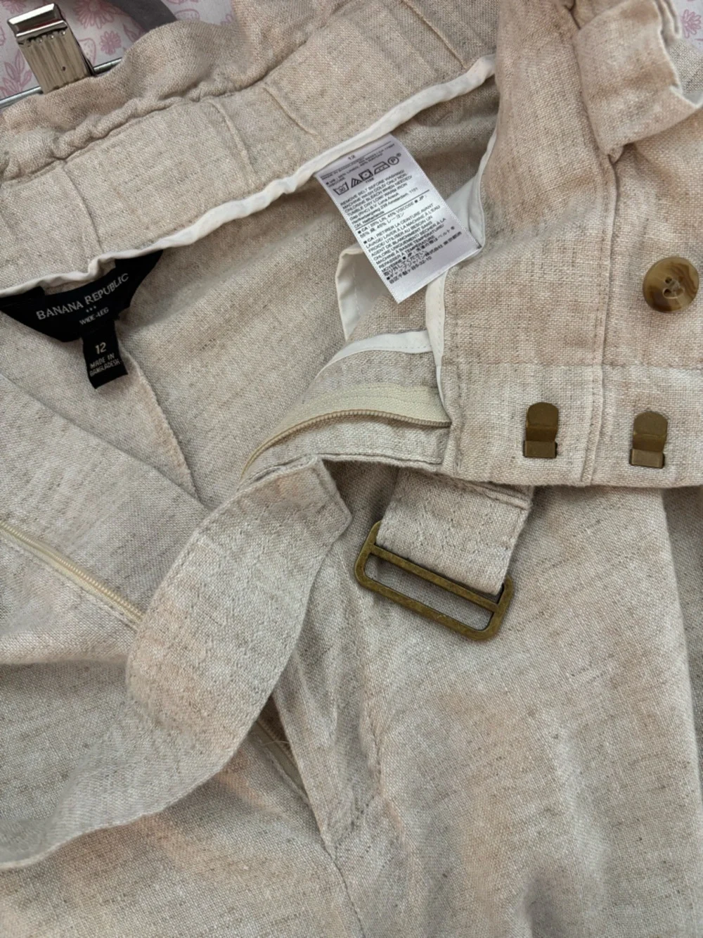 Banana Republic Linen Blend Wide Leg Pants Belted Beige Flowy Size 12